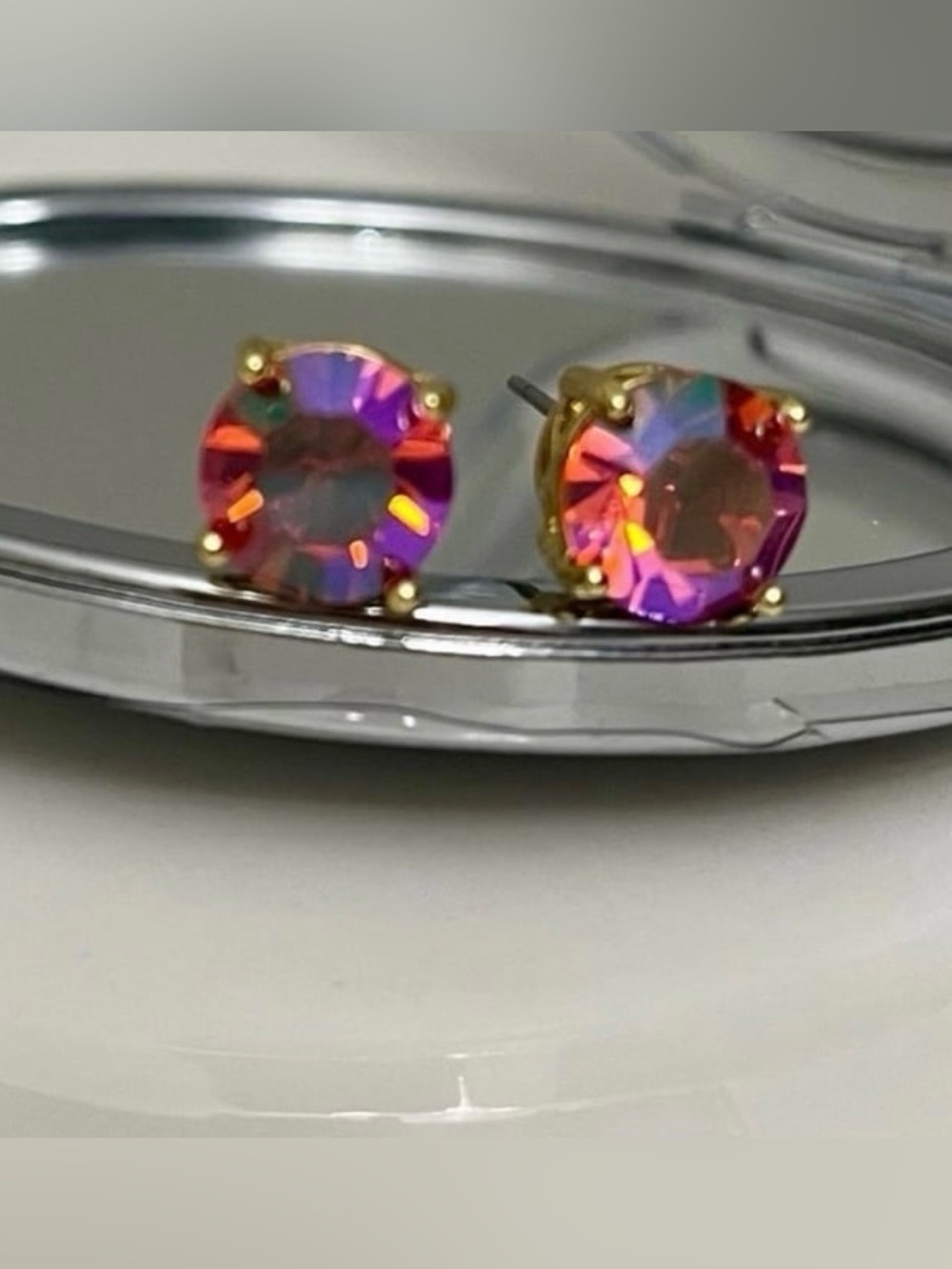 Park Lane Iridescent Coral Round CZ Stud Earrings - Gold Setting